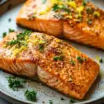 Close-up of air fryer lemon butter salmon with a slice of lemon on top, garnished with herbs.