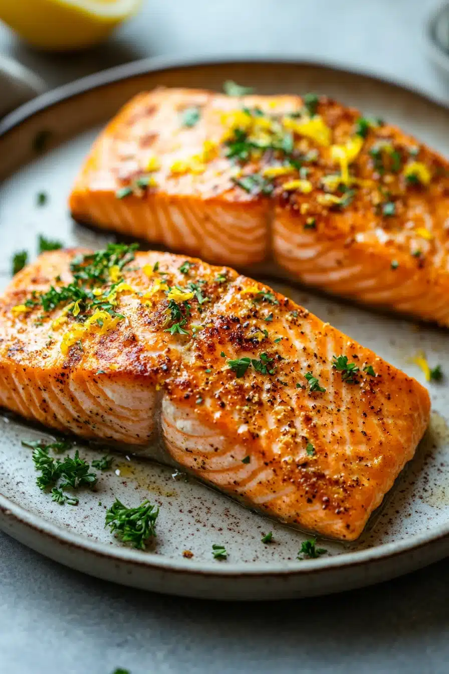Close-up of air fryer lemon butter salmon with a slice of lemon on top, garnished with herbs.