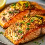 Close-up of air fryer lemon butter salmon with a slice of lemon and herbs on top.