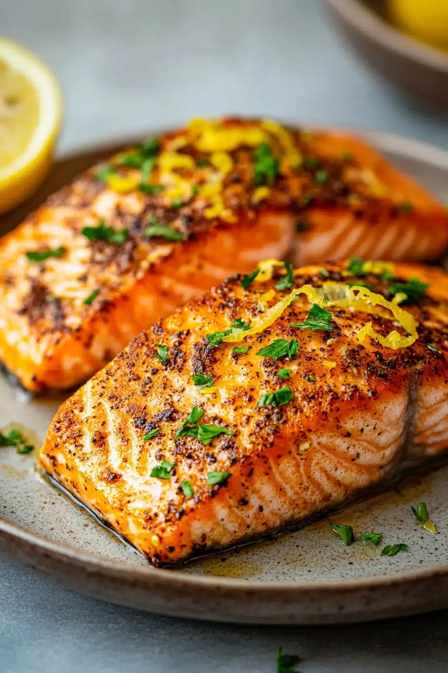 Close-up of air fryer lemon butter salmon with a slice of lemon and herbs on top.