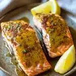 Close-up of air fryer salmon with dijon mustard on a white plate