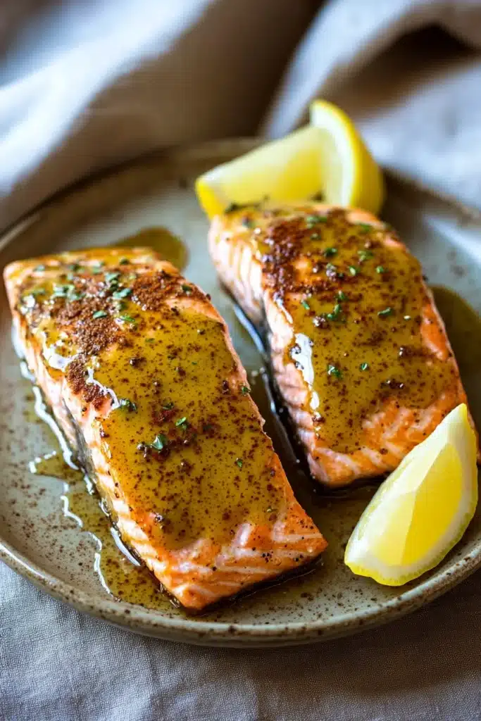 Close-up of air fryer salmon with dijon mustard on a white plate
