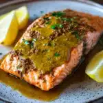 Close-up of air fryer salmon with dijon mustard on a white plate, garnished with herbs.
