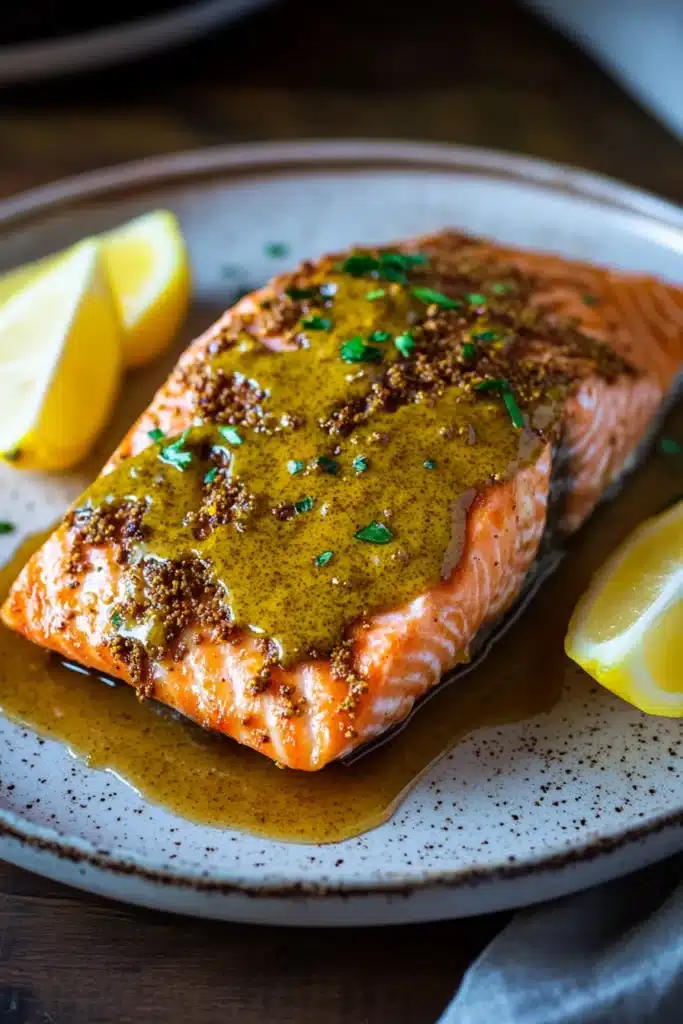Close-up of air fryer salmon with dijon mustard on a white plate, garnished with herbs.