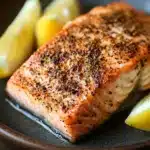 Close-up of a cooked salmon filet with a crispy skin and garnished with herbs, showcasing appetizing texture.