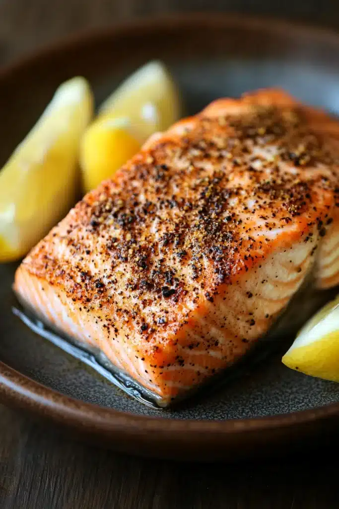 Close-up of a cooked salmon filet with a crispy skin and garnished with herbs, showcasing appetizing texture.