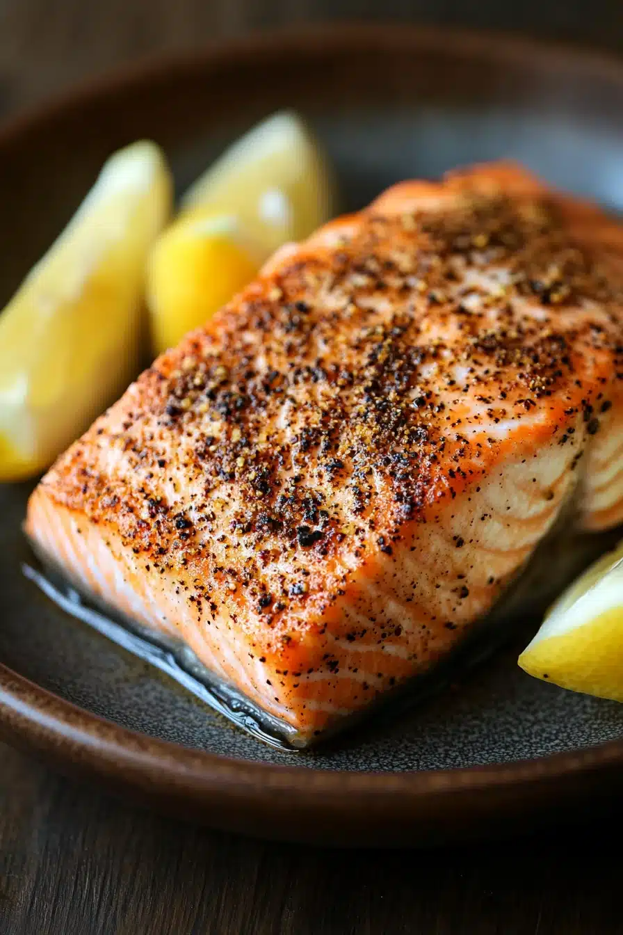 Close-up of a cooked salmon filet with a crispy skin and garnished with herbs, showcasing appetizing texture.