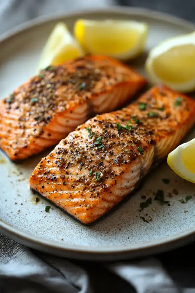 Close-up of air fryer salmon filet with crispy skin and garnished with herbs