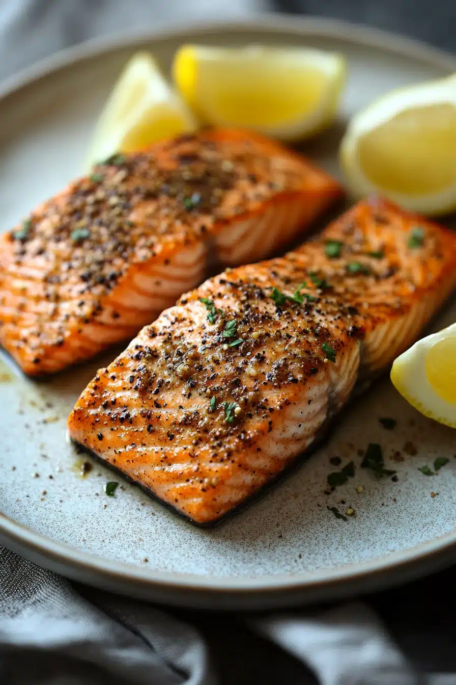 Close-up of air fryer salmon filet with crispy skin and garnished with herbs