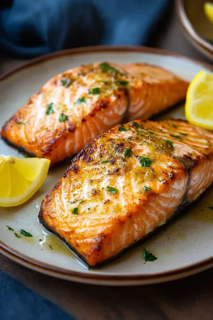 Close-up of air fryer salmon with ginger garnish on a white plate