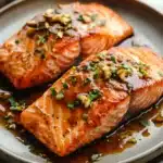 Close-up of air fryer salmon with ginger glaze on a white plate