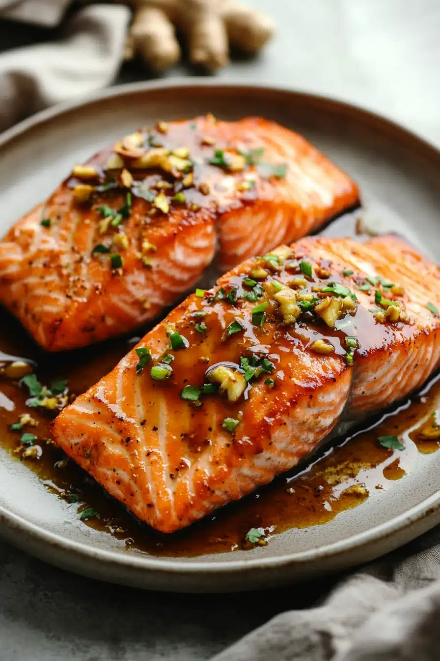 Close-up of air fryer salmon with ginger glaze on a white plate