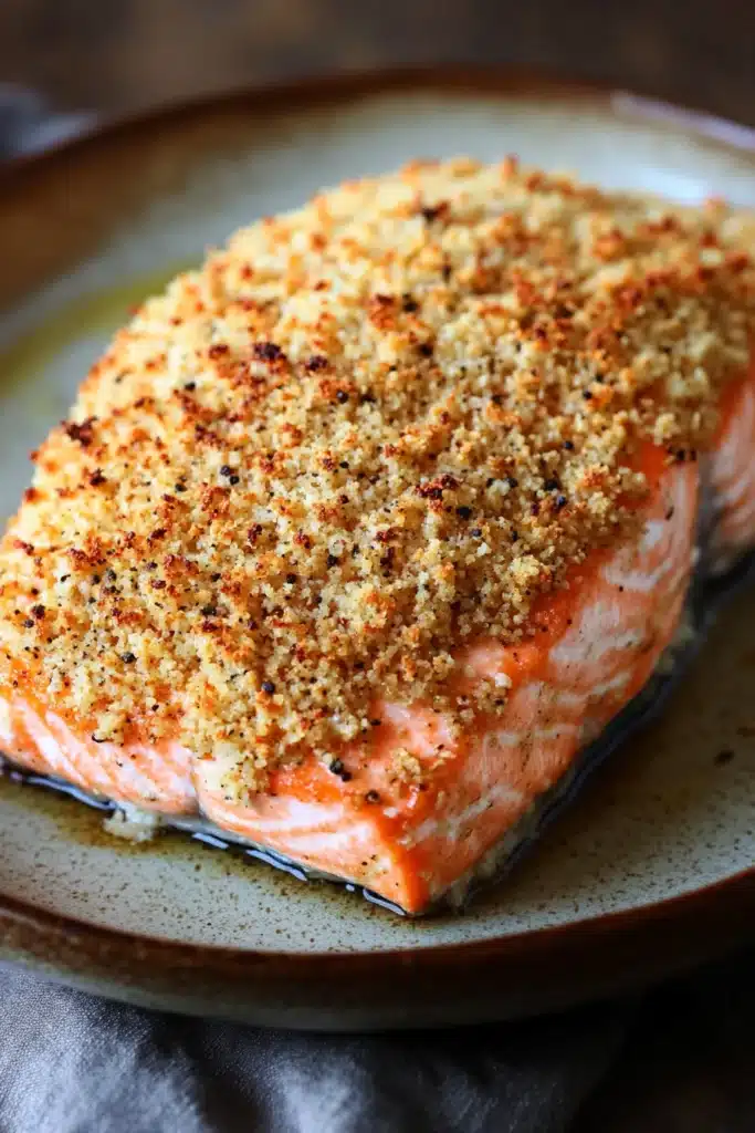 Close-up of crispy air fryer salmon with panko crust on a white plate