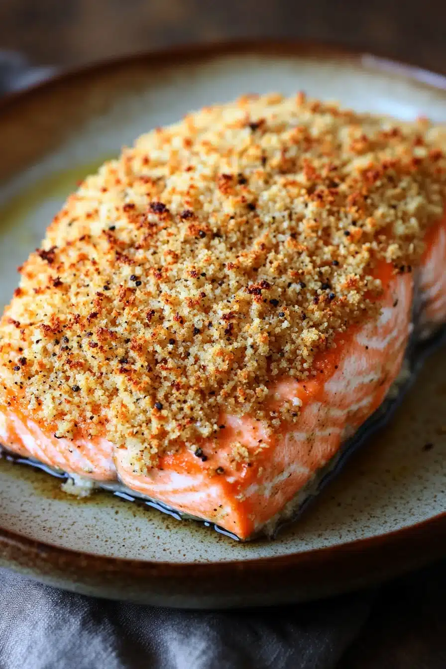 Close-up of crispy air fryer salmon with panko crust on a white plate