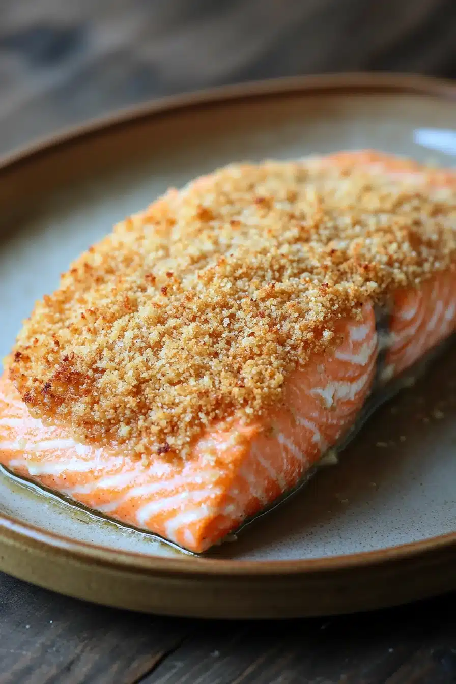 Close-up of air fryer salmon with panko crust on a white plate.