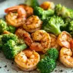 Close-up of air fryer shrimp and broccoli with bright natural lighting