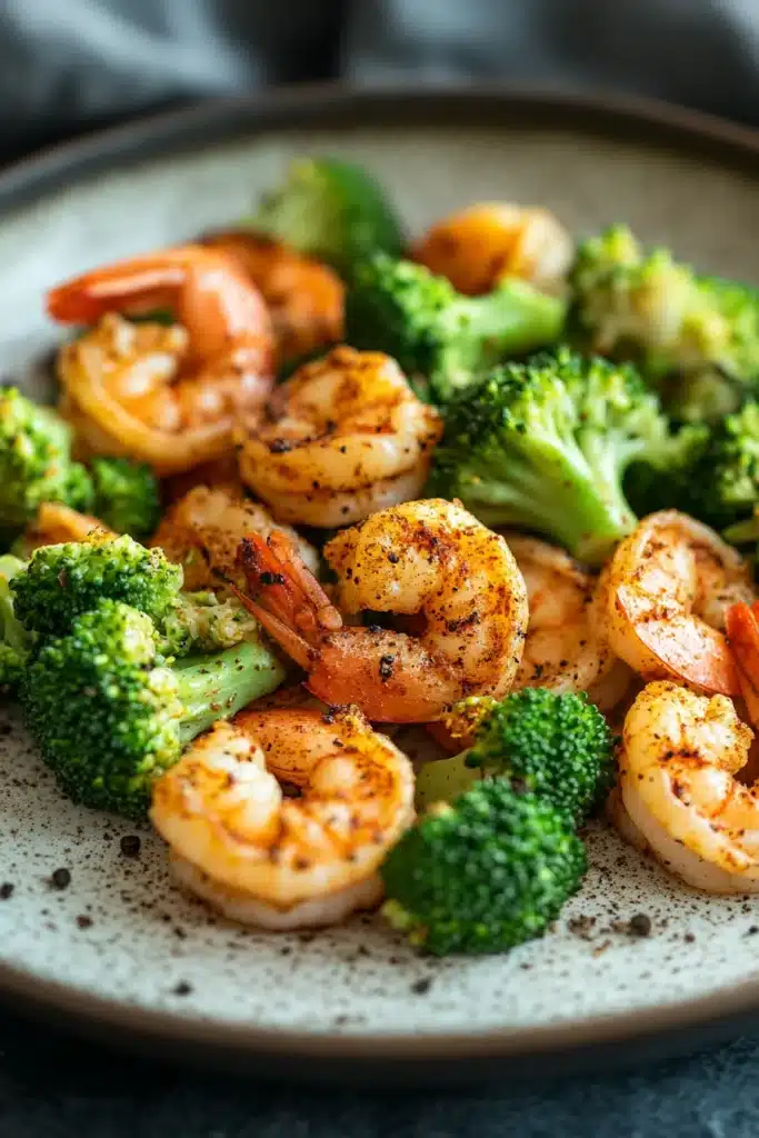 Close-up of air fryer shrimp and broccoli with bright natural lighting