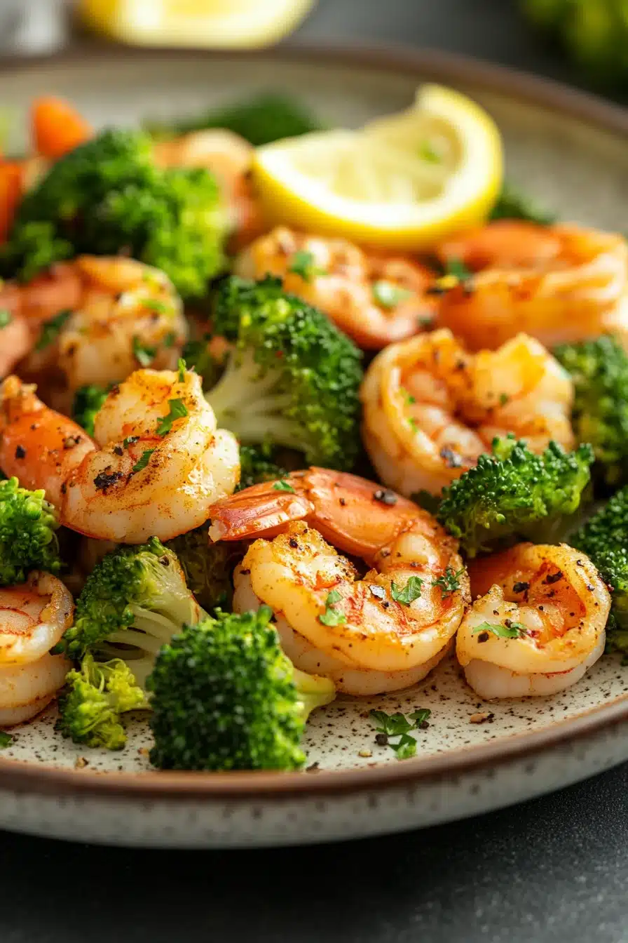 Close-up of air fryer shrimp and broccoli with bright natural lighting and clean background.