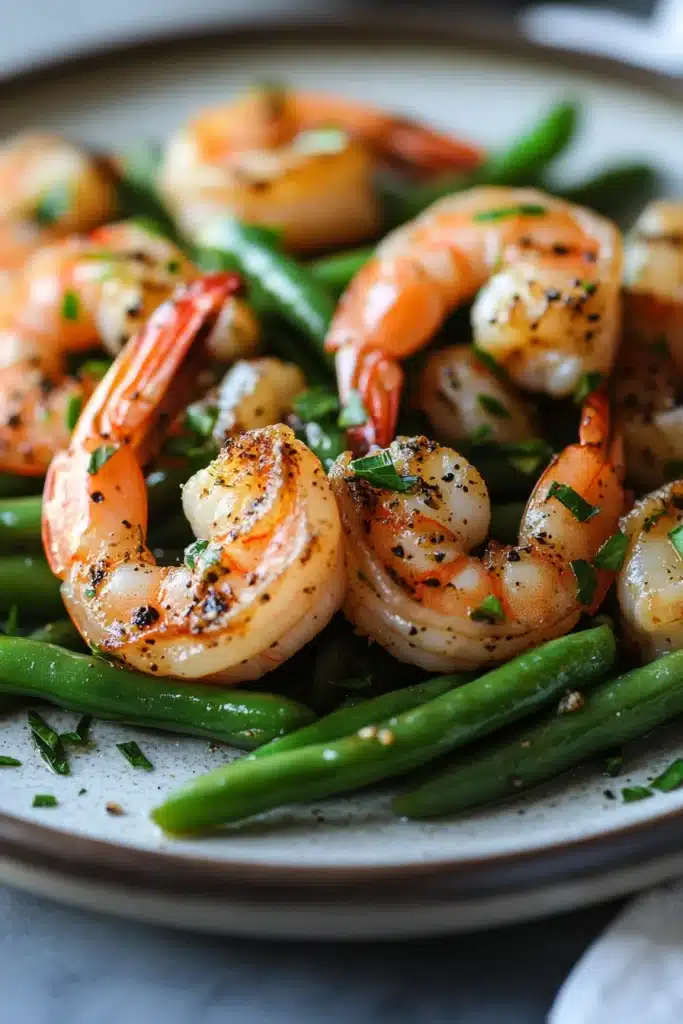 Close-up of air fryer shrimp and green beans with bright natural lighting.