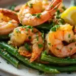 Close-up of air fryer shrimp and green beans with bright natural lighting