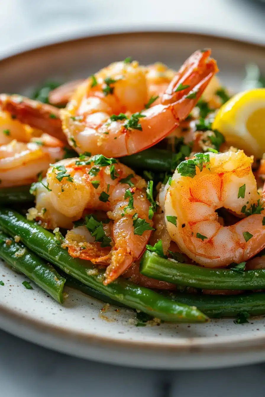 Close-up of air fryer shrimp and green beans with bright natural lighting