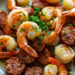 Close-up of air fryer shrimp and sausage with a clean background, showcasing appetizing textures.