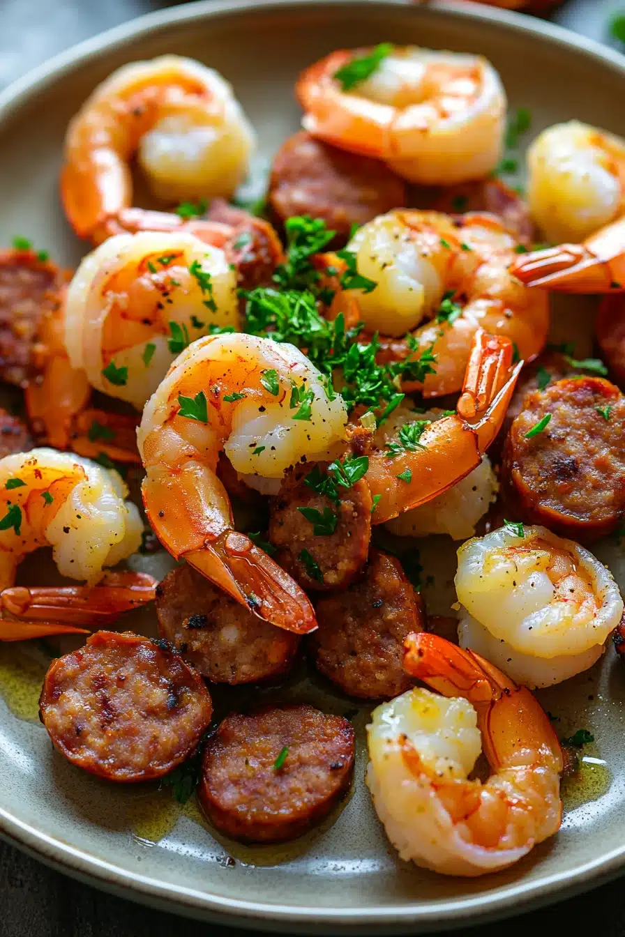 Close-up of air fryer shrimp and sausage with a clean background, showcasing appetizing textures.