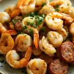 Close-up of air fryer shrimp and sausage with bright, natural lighting.