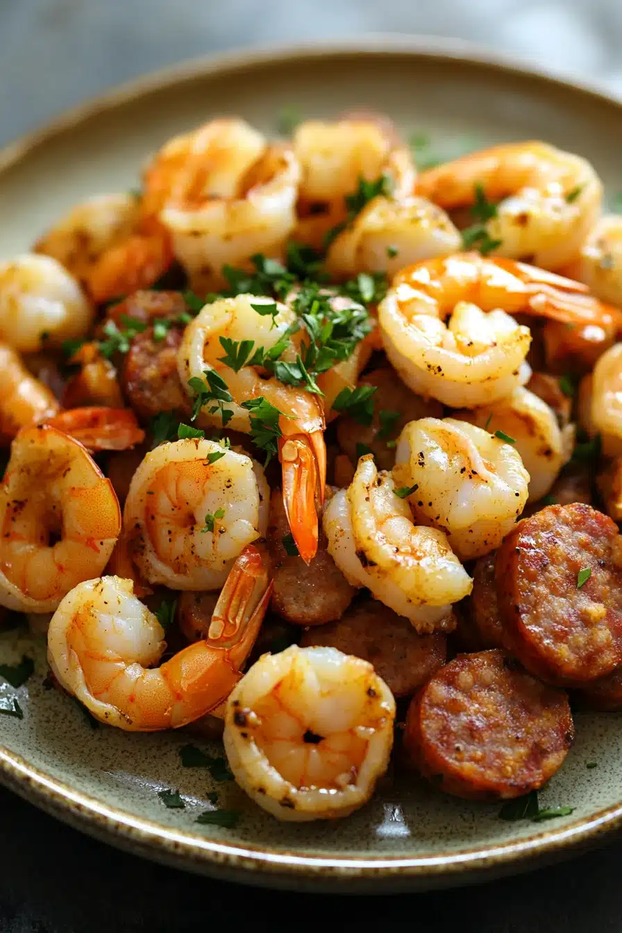 Close-up of air fryer shrimp and sausage with bright, natural lighting.