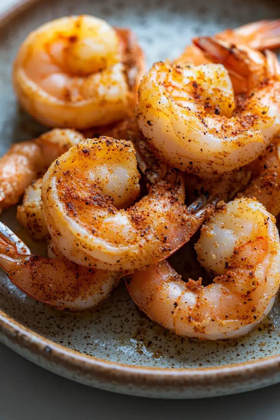 Close-up of air fryer shrimp with golden crispy texture on a clean white plate.