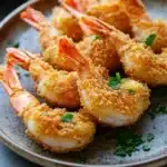 Close-up of cooked shrimp in an air fryer with a clean background, showcasing texture and color.
