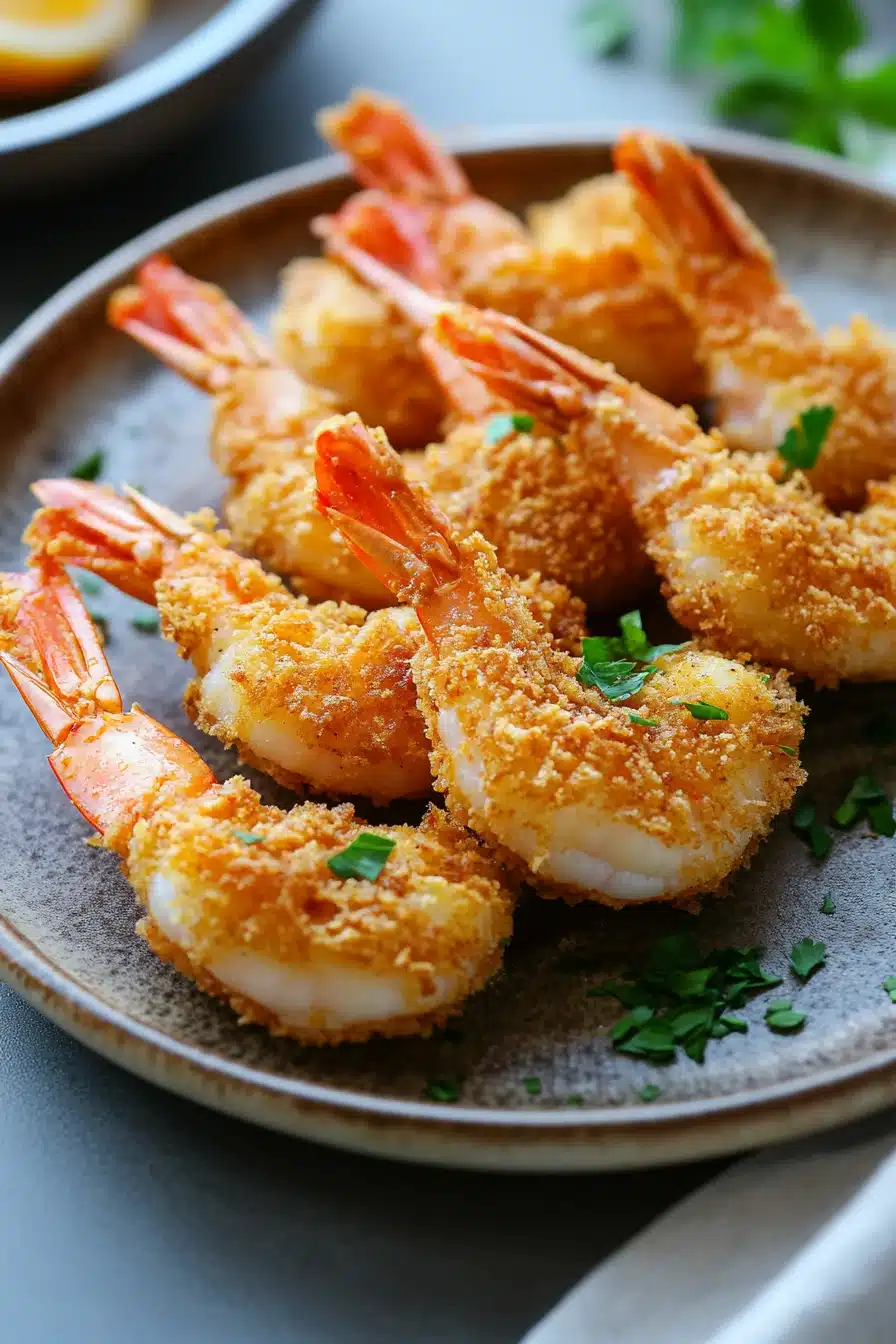 Close-up of cooked shrimp in an air fryer with a clean background, showcasing texture and color.