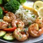 Close-up of air fryer shrimp dinner with bright, natural lighting and clean background