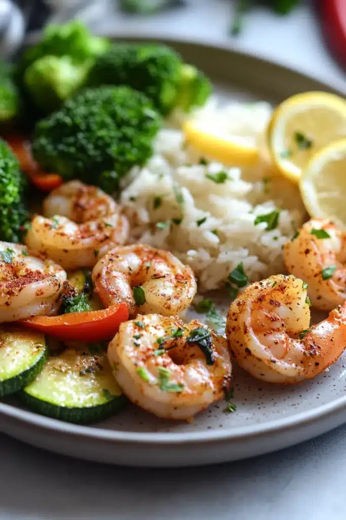 Close-up of air fryer shrimp dinner with bright, natural lighting and clean background