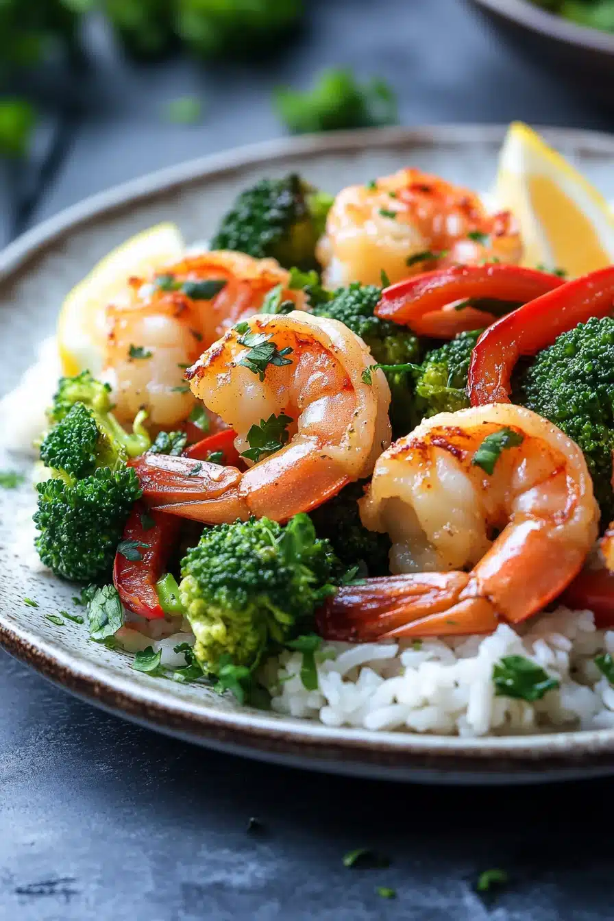 Close-up of air fryer shrimp dinner with bright, natural lighting and minimal background.