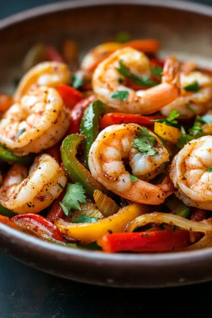 Close-up of air fryer shrimp fajitas with vibrant colors and fresh ingredients