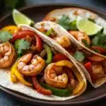 Close-up of air fryer shrimp fajitas with colorful peppers and onions