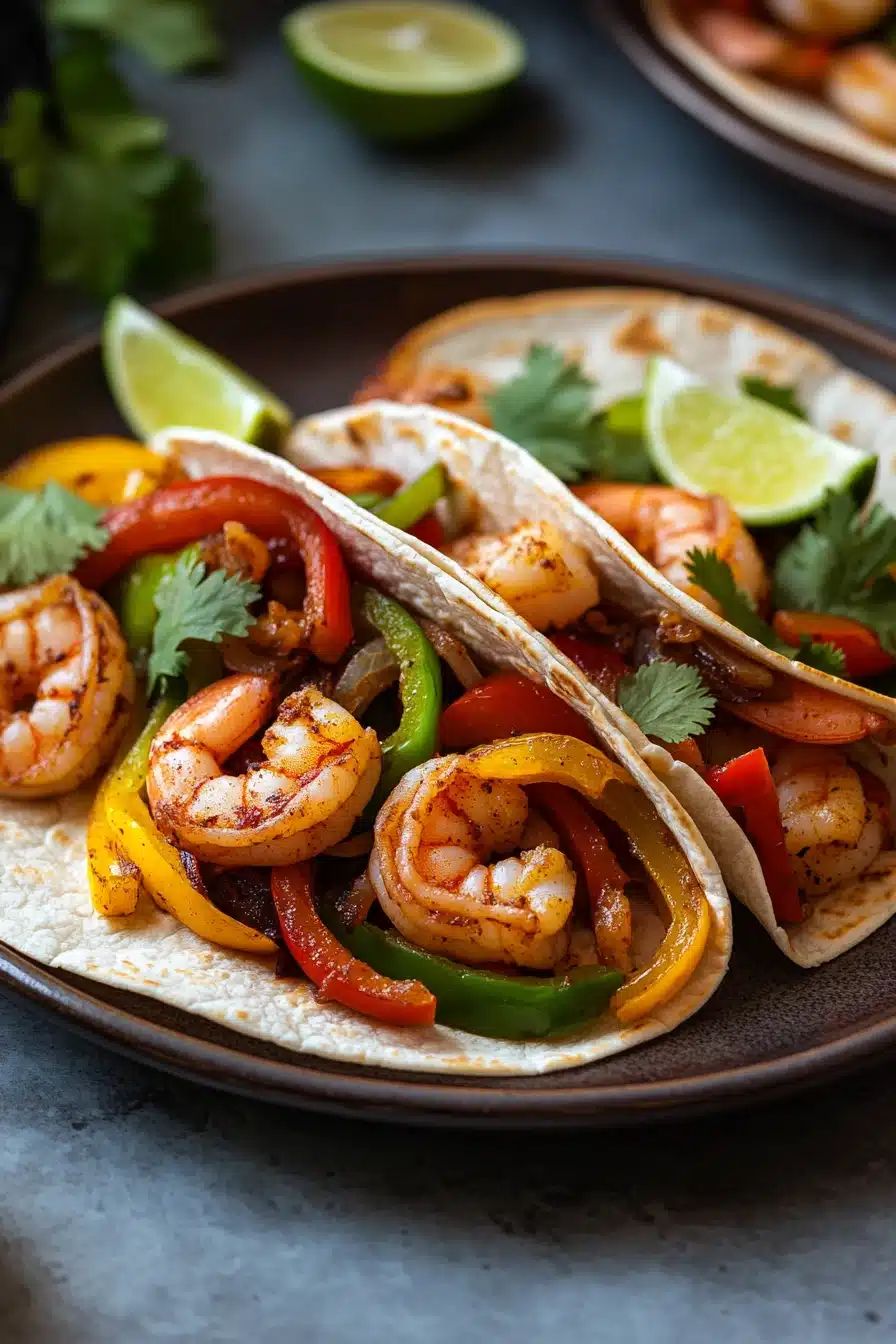 Close-up of air fryer shrimp fajitas with colorful peppers and onions