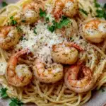 Close-up of air fryer shrimp with pasta, showcasing bright colors and textures.