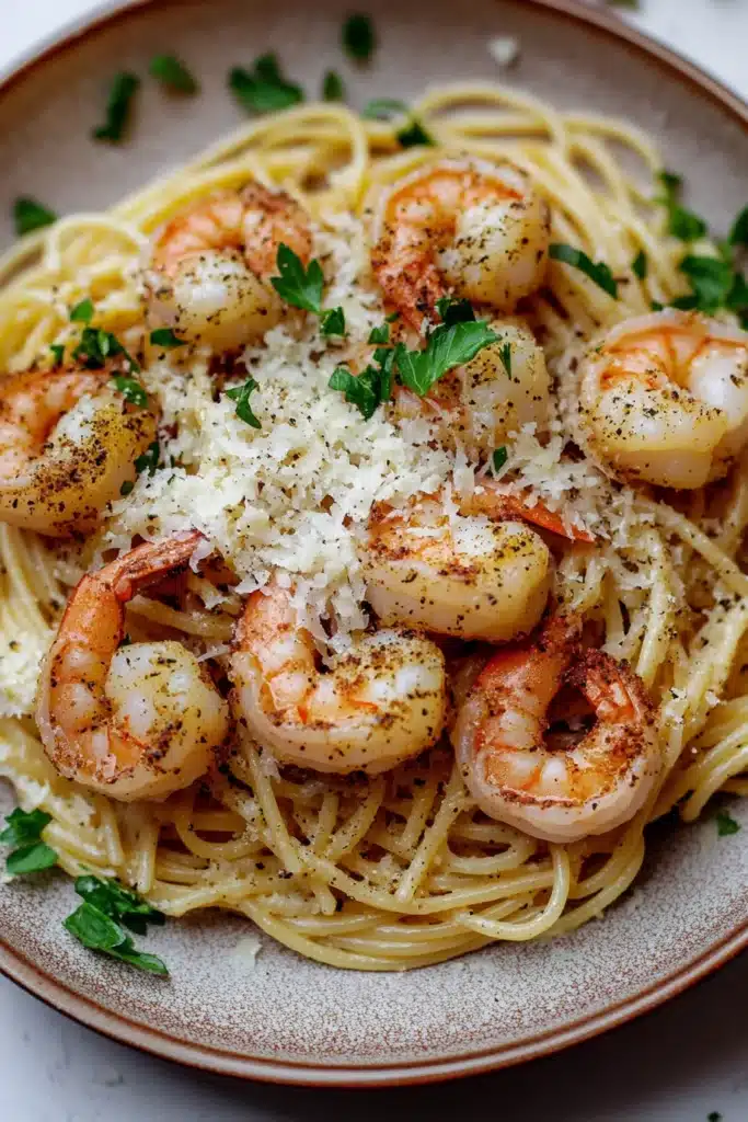 Close-up of air fryer shrimp with pasta, showcasing bright colors and textures.