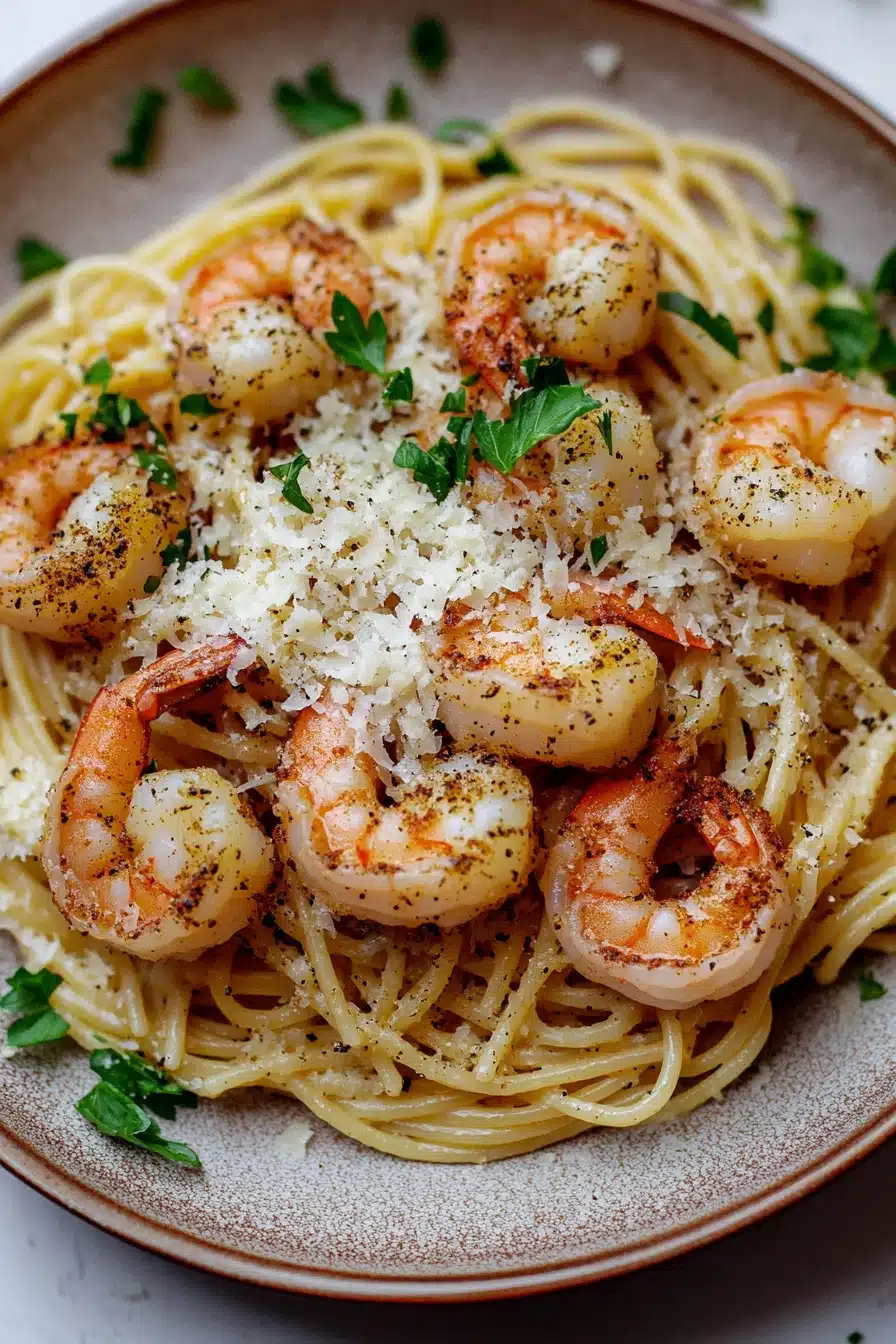 Close-up of air fryer shrimp with pasta, showcasing bright colors and textures.
