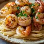 Close-up of air fryer shrimp on pasta with a creamy sauce, garnished with herbs.