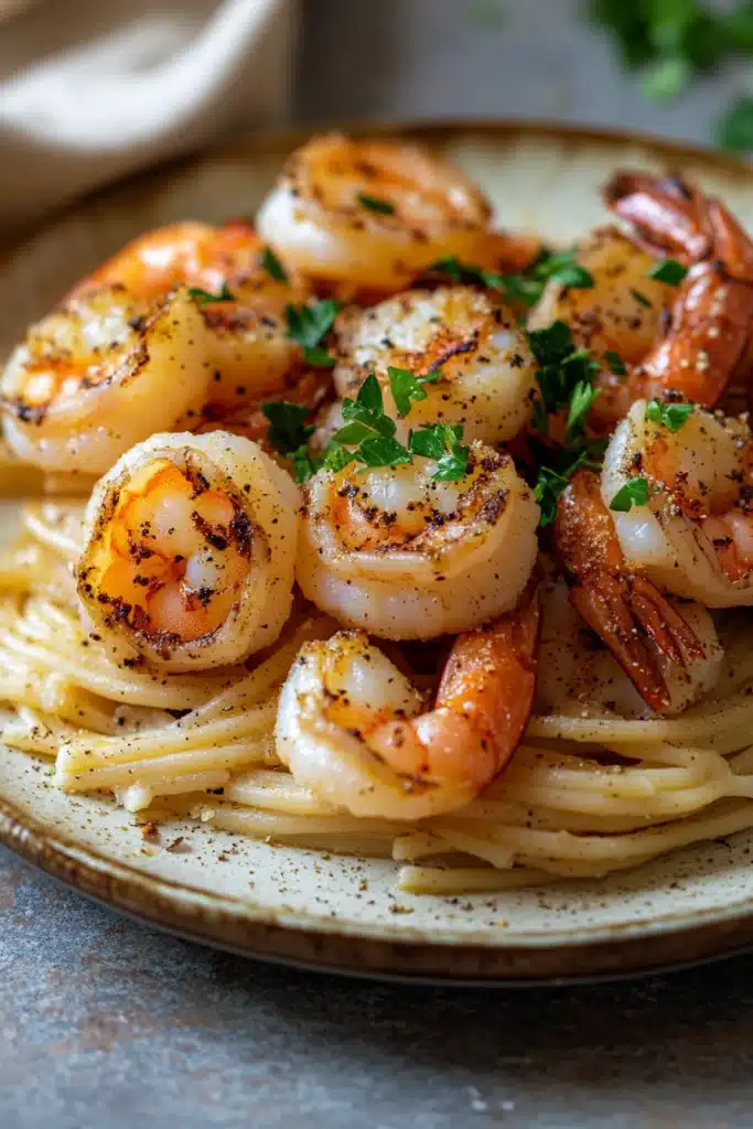 Close-up of air fryer shrimp on pasta with a creamy sauce, garnished with herbs.