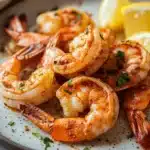 Close-up of air fryer shrimp with shell on, displayed on a clean white plate