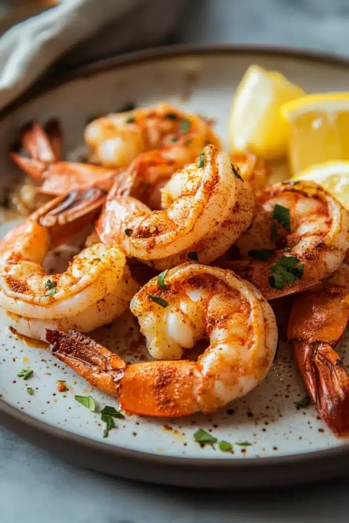 Close-up of air fryer shrimp with shell on, displayed on a clean white plate