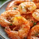 Close-up of air fryer shrimp with shell on, bright and appetizing