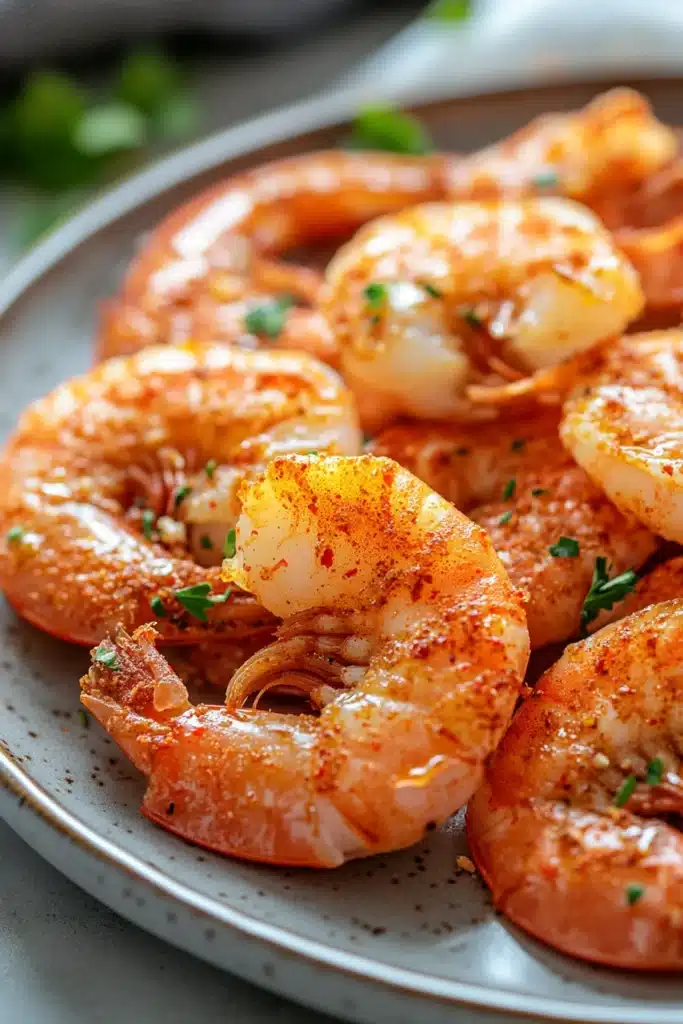 Close-up of air fryer shrimp with shell on, bright and appetizing