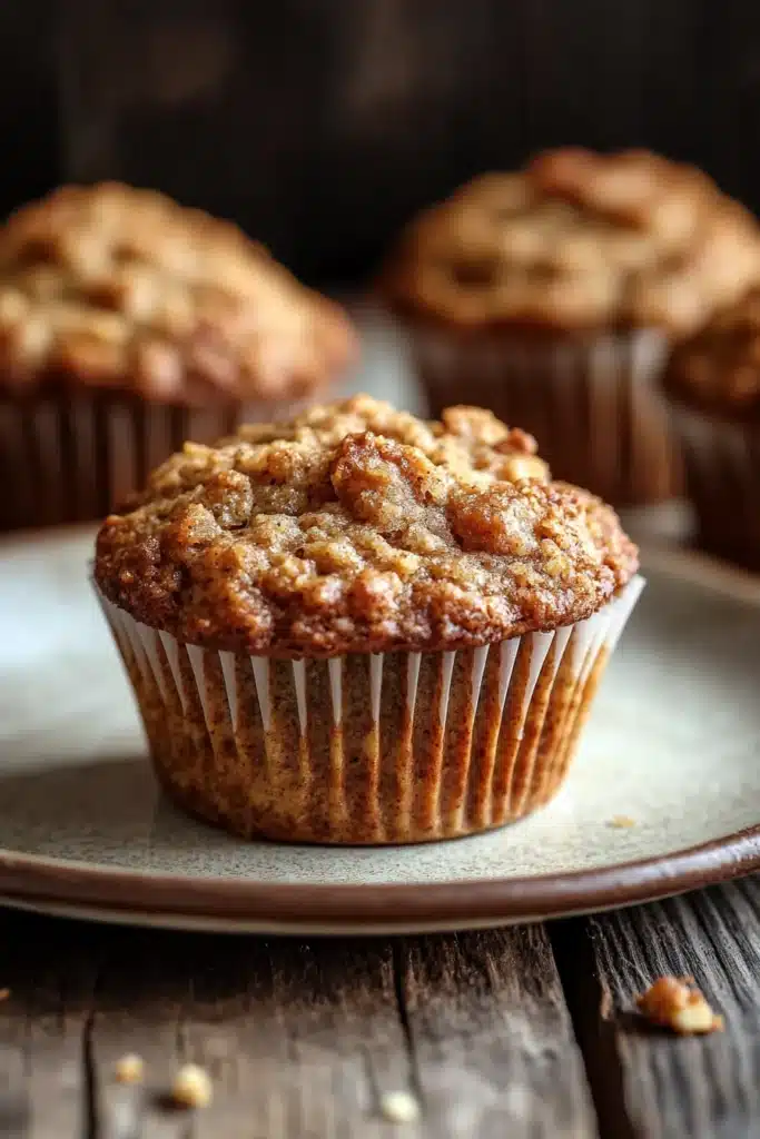 Close-up of a freshly baked apple bran muffin with a golden brown top