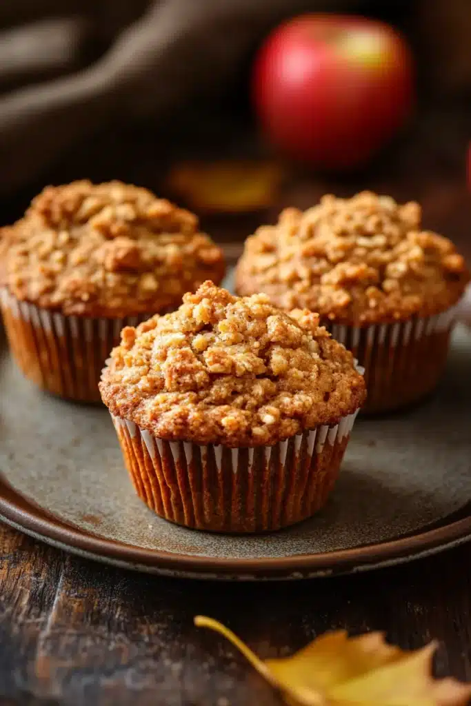 Close-up of freshly baked apple bran muffins on a wooden surface
