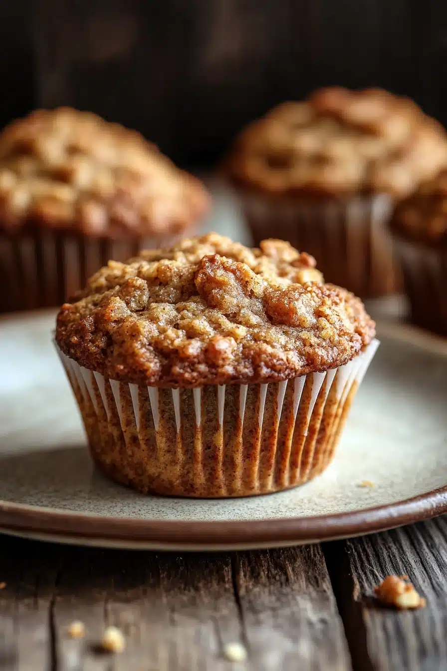 Close-up of a freshly baked apple bran muffin with a golden brown top